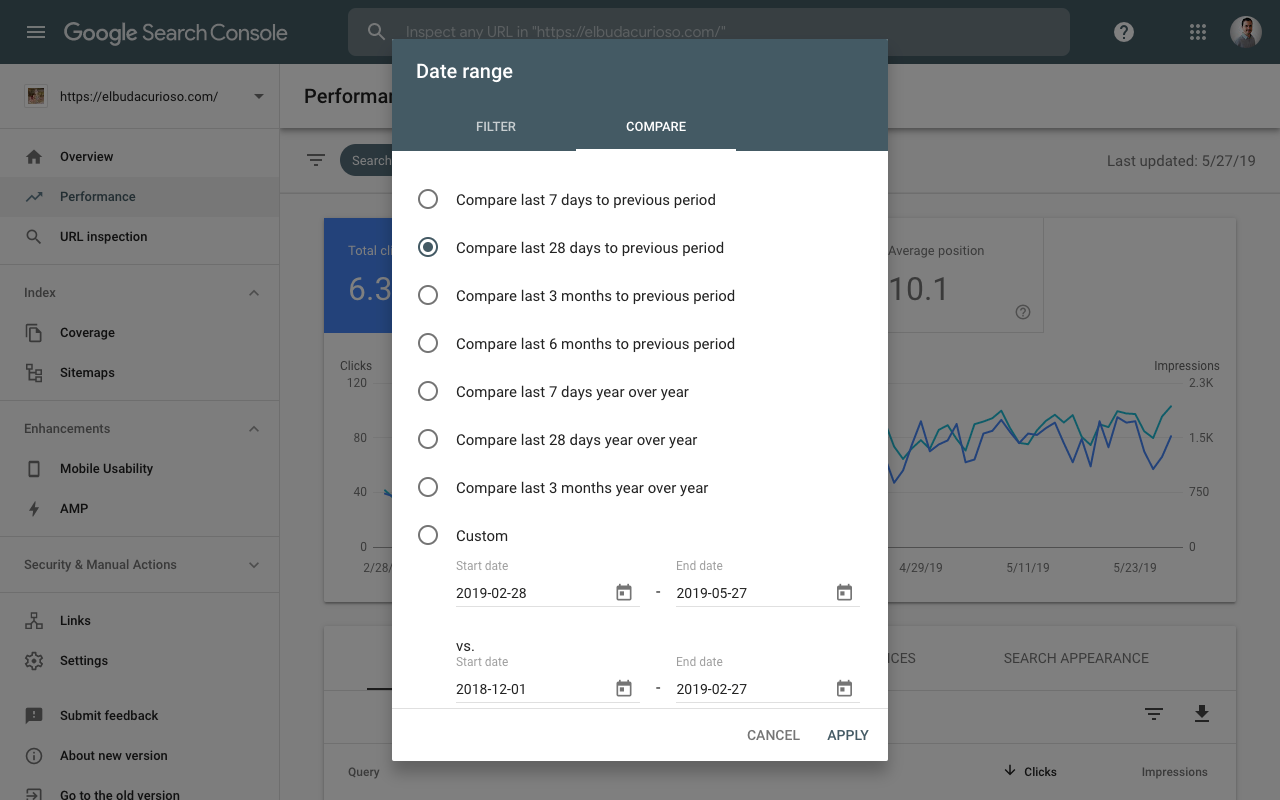 Compare two dates in Google Search Console